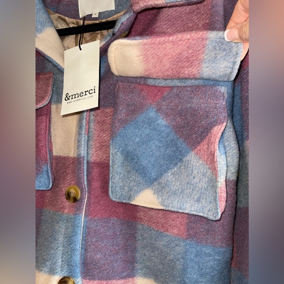 NWT Medium Pink Blue Cream &merci En Merci Plaid Shacket Jacket - Picture 3 of 6